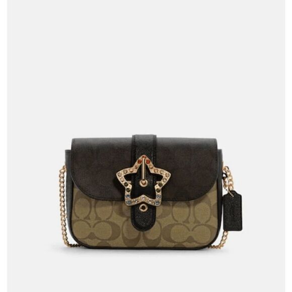 Coach Gemma Gold/Khaki Brown Colorblock Crossbody In Signature Canvas w/ Rhinest - Picture 2 of 10